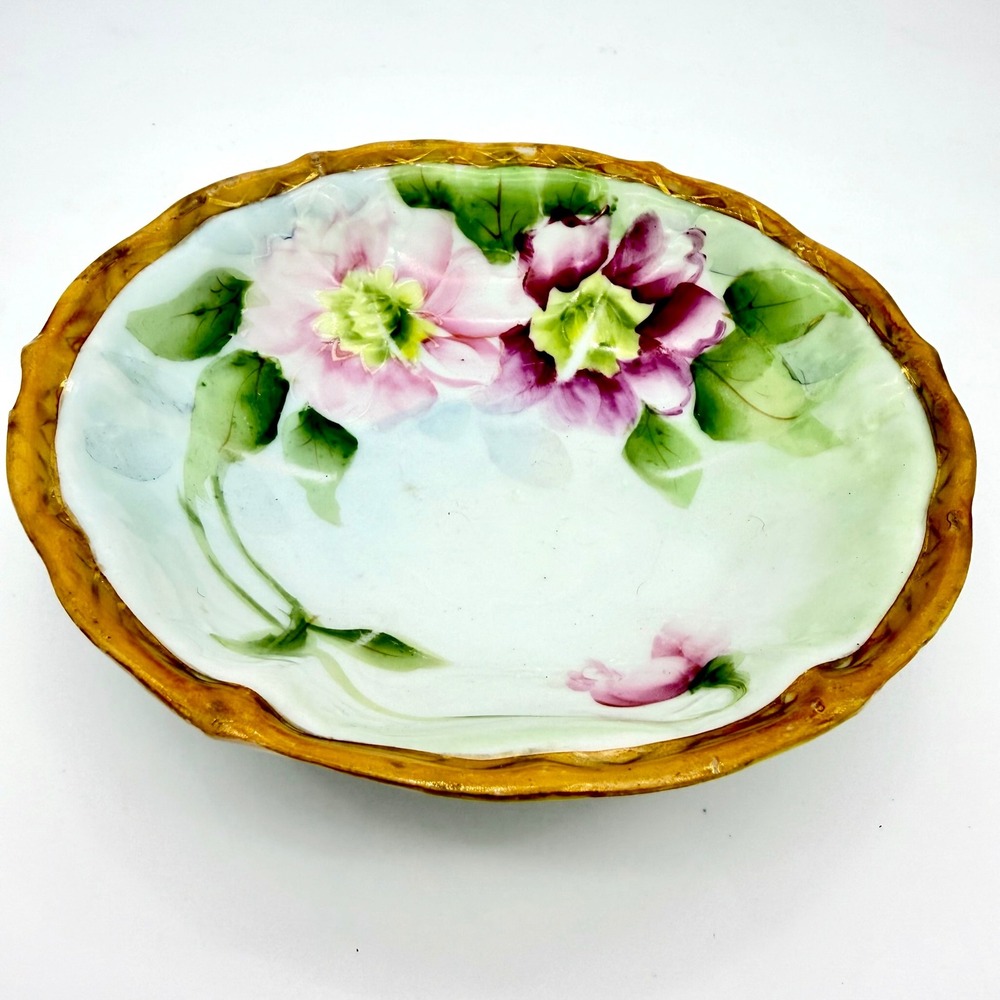 Vintage Hand Painted Japan Floral‎ Scalloped Bowl Gold Trim Pink Purple 6.25"